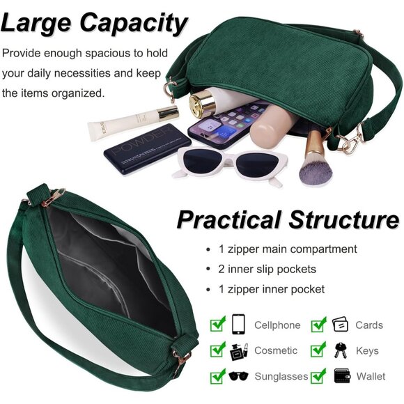 Women's Green Tote Handbag Clutch Purse Crescent Underarm Bag Cross Body Bags - Picture 3 of 7